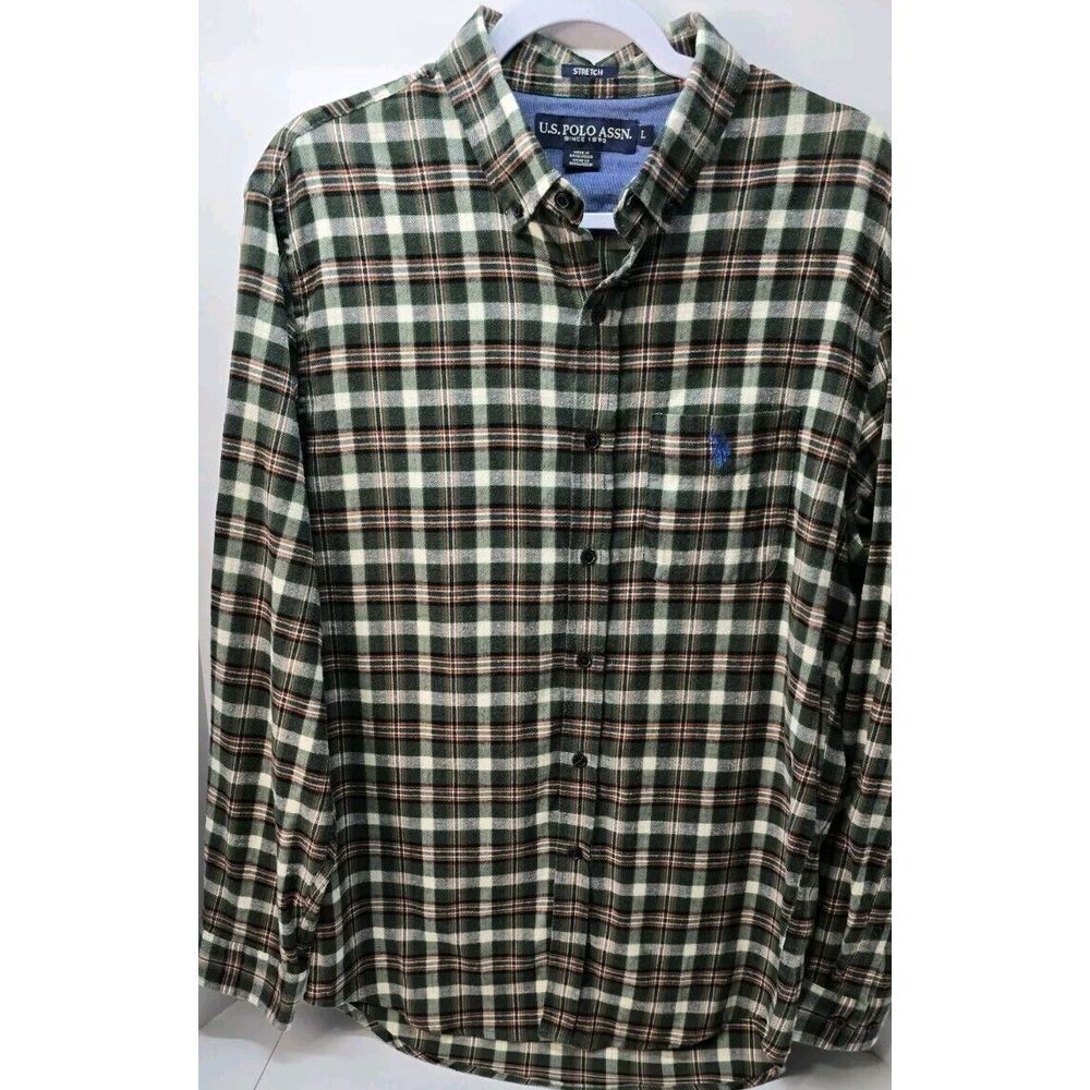 US Polo Assn Men's Flannel Shirt‎ L Green Plaid Button Check Long Sleeve